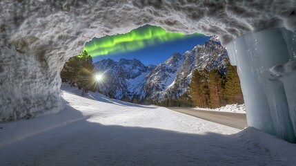 Snow Cave View of Mountain Range with Aurora Borealis