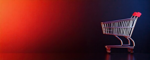 A shopping cart is displayed against a vibrant gradient background of red and blue, evoking feelings of retail and online shopping.