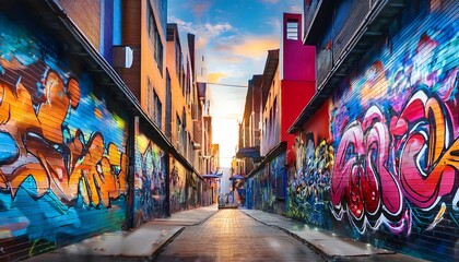 Fototapeta premium A vibrant alleyway adorned with colorful graffiti murals, showcasing urban art against a backdrop of bright buildings and a scenic sunset.