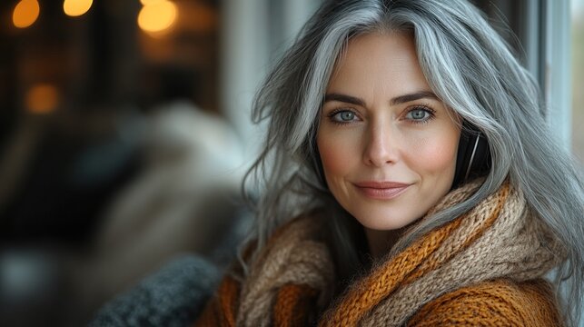 portrait of beautiful woman with gray hair using speakerphone to make call