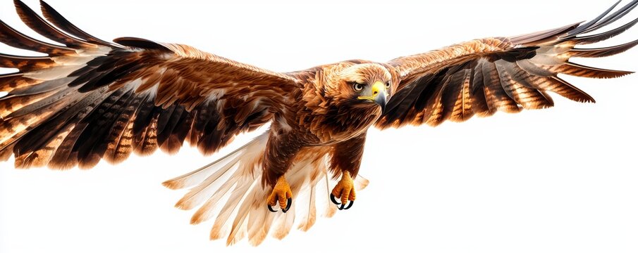 A detailed close-up photo of a majestic golden eagle in flight, with its piercing gaze and magnificent wingspan, hyper-realistic, 4k