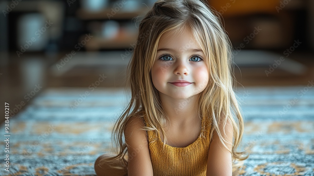 Wall mural portrait of cute girl sitting on the floor in the kitchen