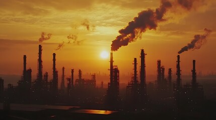 Obraz premium A sunset over a city skyline with a large oil refinery in the background. The sky is filled with smoke from the refinery