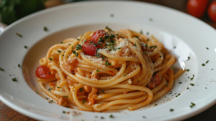 Pasta with gricia in white plate at the restaurant 