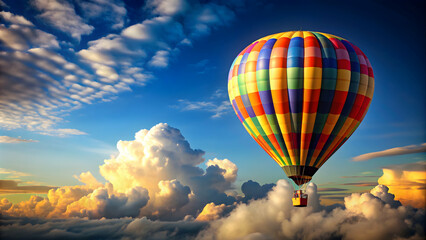 Fototapeta premium Hot air balloon floating high in the sky, adventure, travel, freedom, colorful, clouds, peaceful, serene, tranquil, journey