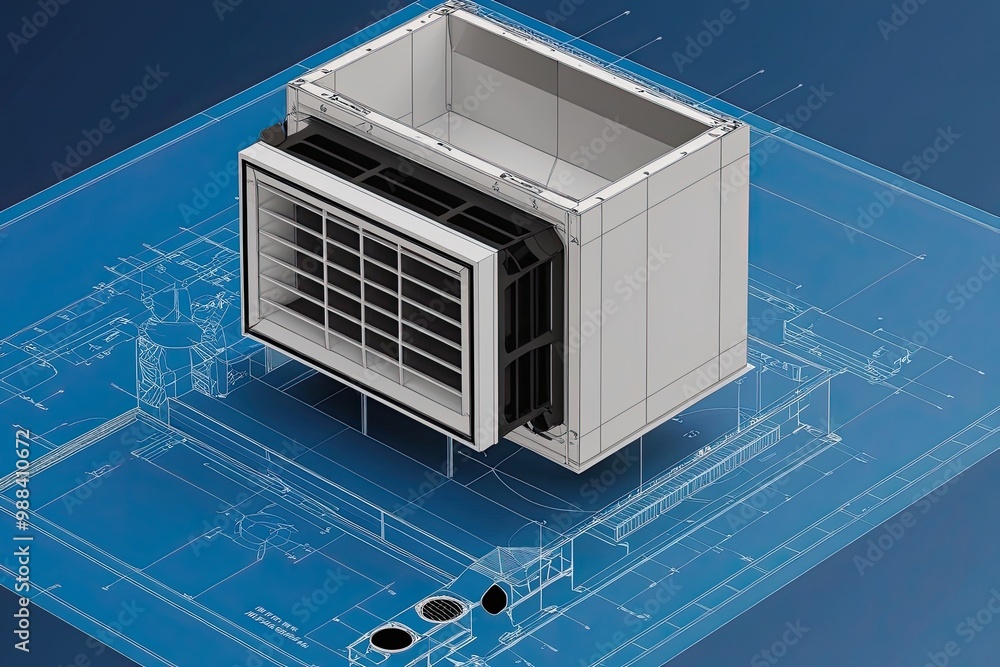 Poster 3d architectural ventilation system design blueprint with technical details and engineering features