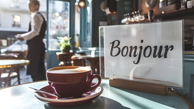 A coffee cup in a cafe with morning light. There's a sign with the French word "Bonjour" written on it. A waiter is standing near the sign. 