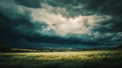 stormy clouds looming over a distant landscape creating a dramatic and moody nature scene