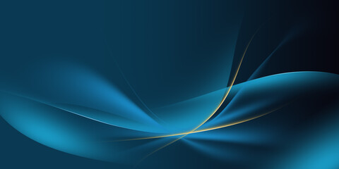 Blue gradient curve background with golden lines decoration. Luxury invitation template with space for text..