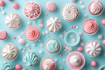 Fototapeta premium Pink and Blue Cupcakes with Sprinkles on a Blue Background