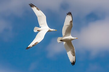 Fototapeta premium Majestic White Birds Flying Gracefully in a Clear Blue Sky