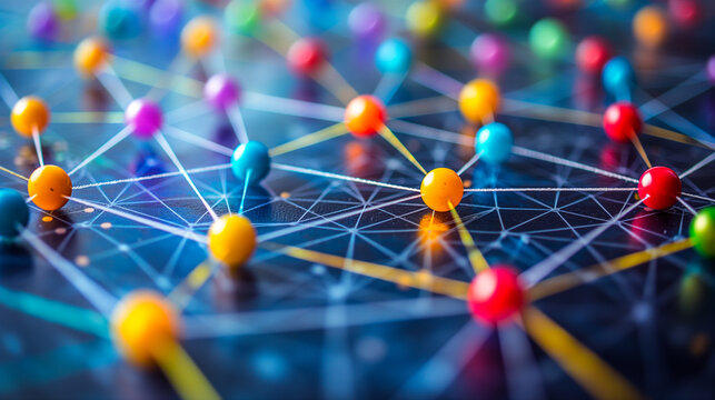 Vibrant background of connection colorful nodes, global business concept. Generative AI