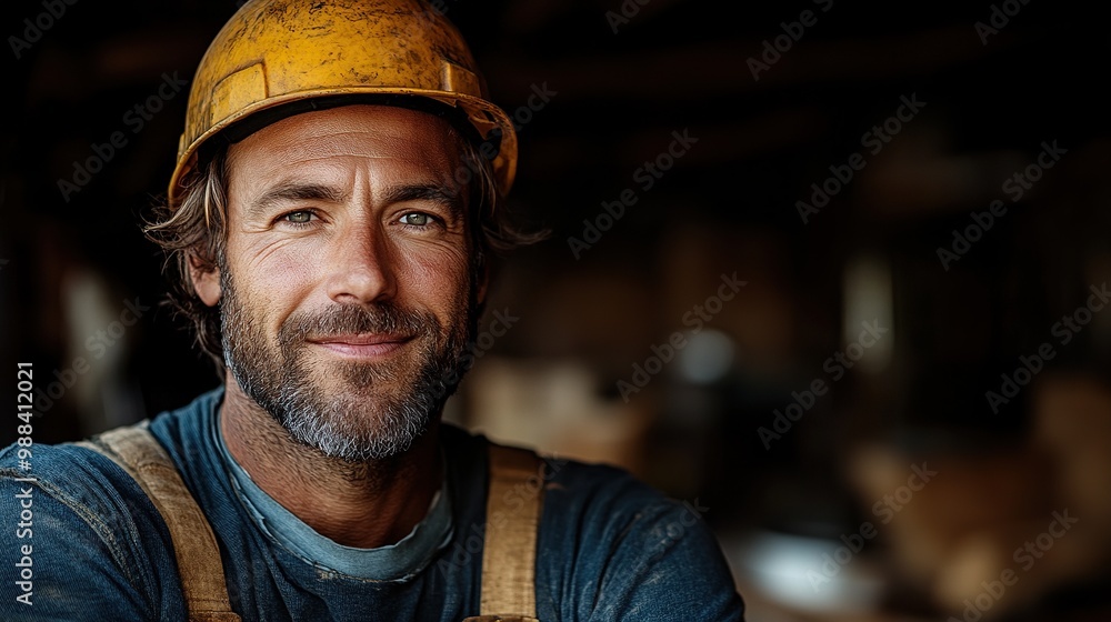 Wall mural portrait of construction worker smiling, looking at camer diy eco friendly homes concept