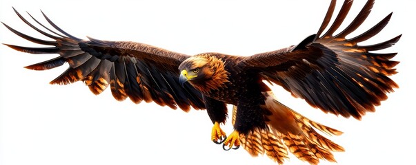 A hyper realistic close-up of a golden eagle in flight, majestic wings outstretched and piercing golden eyes scanning the horizon