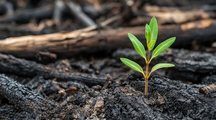 A resilient plant sprouts from the charred earth, symbolizing hope and renewal in a recovering ecosystem.
