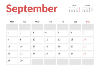 Monthly page Calendar Planner Template of September 2025. Vector layout of calendar with week start Monday for Scheduling. Page for size A4 or 21x29.7 cm