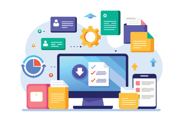 A vibrant graphic depicting file synchronization among devices featuring progress indicators and management tools in a tech environment.