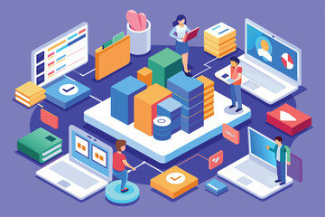 A vibrant isometric illustration depicts individuals synchronizing files on laptops, surrounded by digital resources in an engaging workspace.