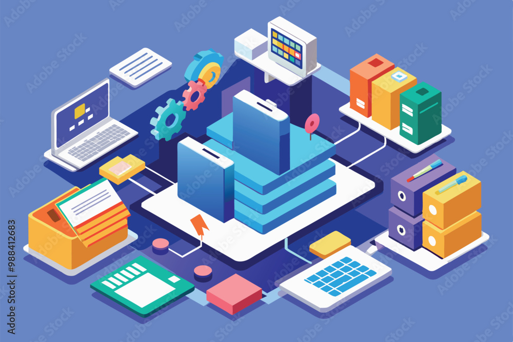 Aufkleber a vibrant isometric illustration showcasing customizable file synchronization with office tools, fol