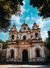Obraz premium Old Church Building With Cross and Bell Tower