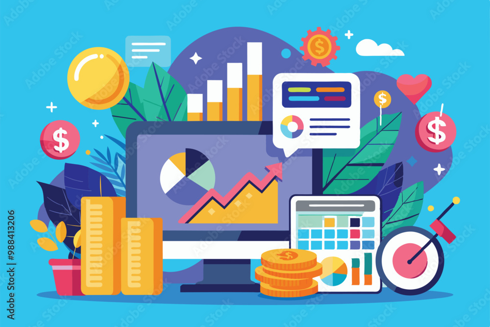 Poster a colorful digital representation of financial data featuring graphs, charts, and coins, illustratin