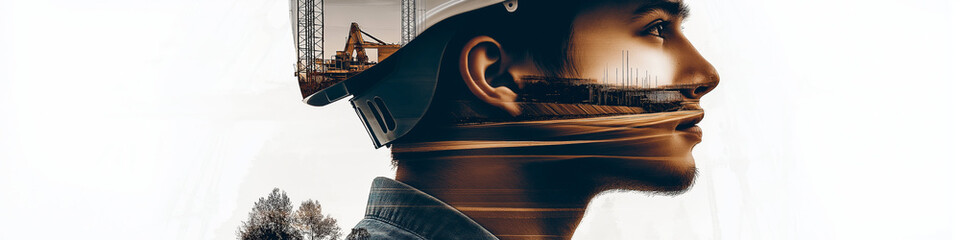 Construction worker double exposure. Building engineer or architect banner