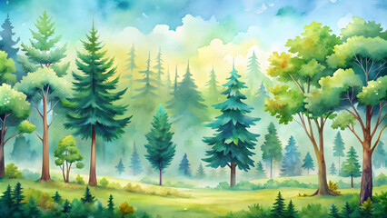 Fototapeta premium Cute watercolor forest with big trees and a view of the landscape, perfect for wall art and seamless patterns, watercolor, forest
