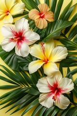 Obraz premium Tropical Flowers and Palm Leaves on Yellow Background