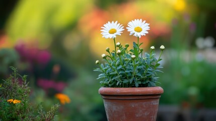 A potted daisy in full bloom placed in a garden filled with various plants and flowers