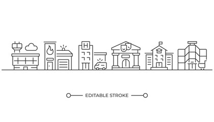 Obraz premium City infrastructure linear icon. Urban planning. Public services. Cityscape. Fire station, hospital and school. Thin line illustration. Contour symbol. Vector outline drawing. Editable stroke