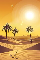 Naklejka premium Desert Landscape With Palm Trees And Footprints