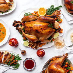 Roasted turkey with stuffing, gravy, and cranberry sauce.