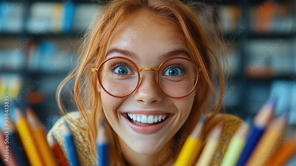 Canvas Prints portrait of funny woman with pencil having fun at work