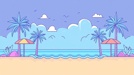 Obraz premium A cartoon illustration of a tropical beach with palm trees, umbrellas, and a blue ocean.