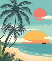 Obraz premium Tropical Sunset Beach Palm Trees Illustration