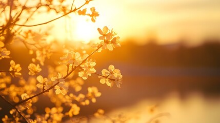 White Blossoms Blooming in Golden Sunset Light