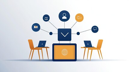 A virtual classroom setup with a digital box in the center, displaying online courses, interactive quizzes, and global connections