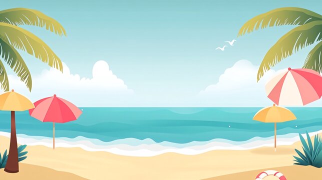 A cartoon illustration of a tropical beach with palm trees, umbrellas, and a lifebuoy.