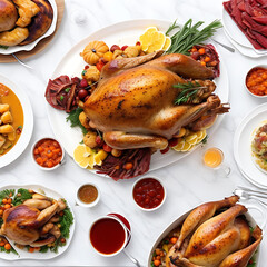 Roasted turkey with stuffing, gravy, and cranberry sauce.