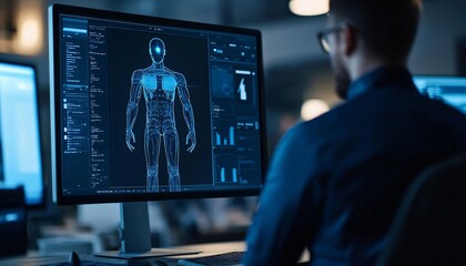 Medical professional analyzing human anatomy on a computer screen, showcasing advanced technology in healthcare and education.