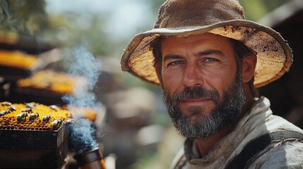 portrait of man beekeeper working in apiary using bee smoker