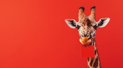 Giraffe with Tag Against Bright Red Background