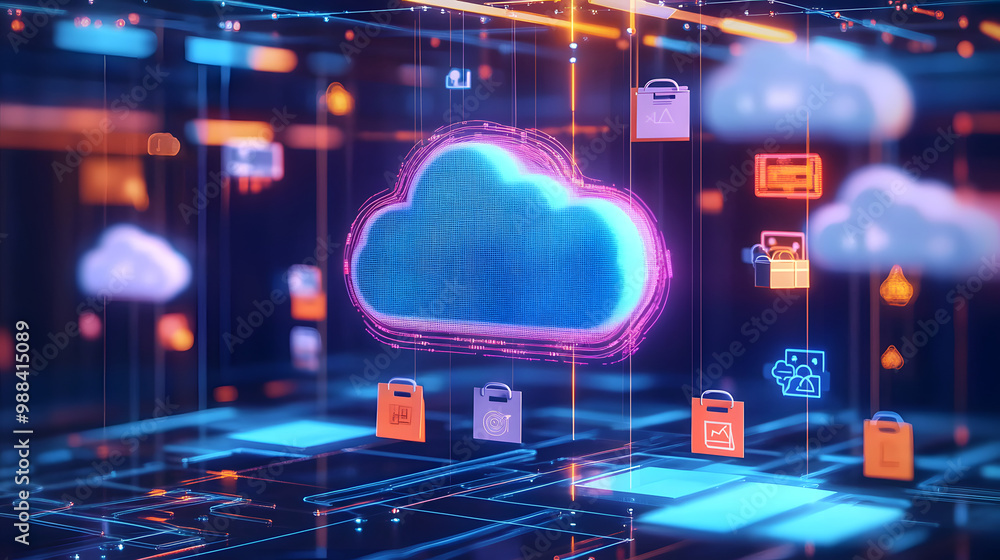 Poster conceptual representation of cloud computing cost efficiency with a cloud symbol, price tags, and pa
