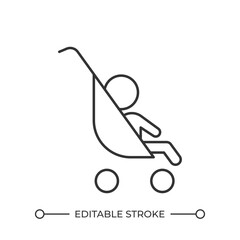 Stroller with baby linear icon. Baby care. Mobility and convenience. Carriage, pram. Transportation for infants. Thin line illustration. Contour symbol. Vector outline drawing. Editable stroke