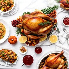 Roasted turkey with stuffing, gravy, and cranberry sauce.