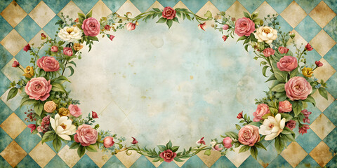 Alice in Wonderland inspired watercolor floral frame on grunge diamond Victorian background, watercolor, floral