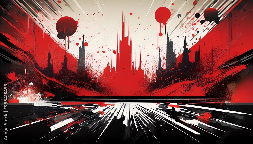 Poster a striking red and black abstract design featuring dynamic lines and shapes, evoking a sense of move