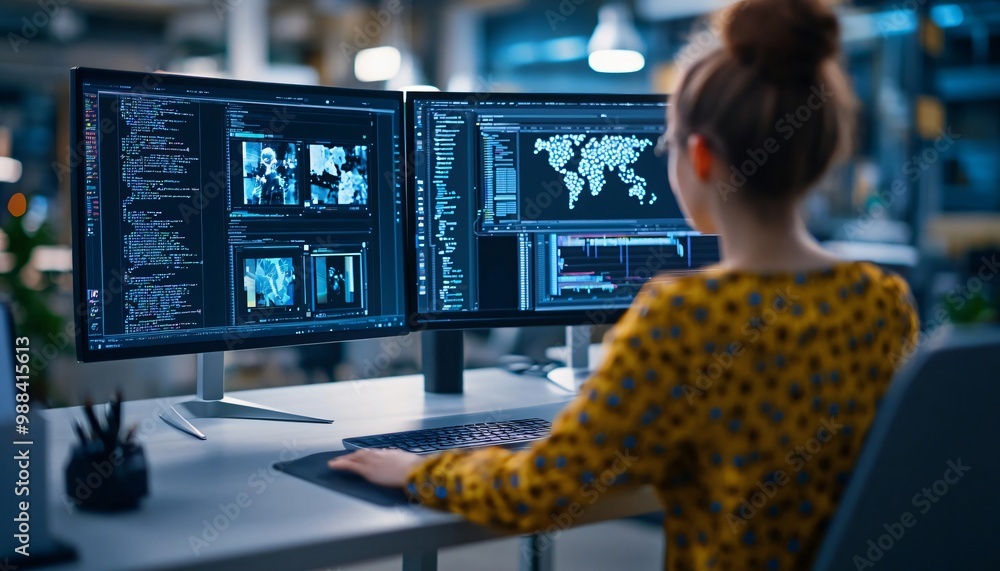 Poster a focused individual analyzing data on multiple monitors in a modern workspace, showcasing technolog