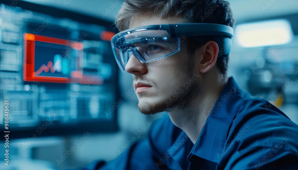 Poster a focused individual wearing augmented reality glasses while analyzing data on a futuristic interfac