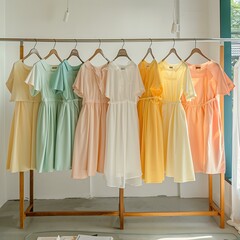 Pastel Dresses On A Wooden Rack In A Store